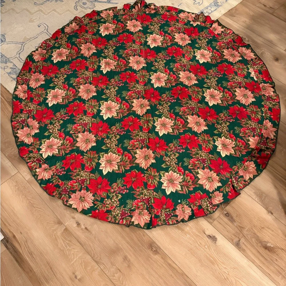 Vintage Christmas Tree Skirt Poinsettia Pomegranate Quilted Ralph Lauren Style